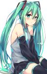  1girl detached_sleeves green_eyes green_hair haegiwa hands_on_lap hatsune_miku highres long_hair looking_at_viewer necktie simple_background sitting skirt solo thigh-highs twintails very_long_hair vocaloid white_background 