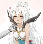  1girl affectionate ahoge armor blush chin_tickle closed_eyes dark_skin granblue_fantasy heart long_hair open_mouth peko petting simple_background solo solo_focus the_order_grande wavy_mouth white_hair 