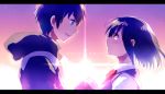  1boy 1girl black_hair blue_eyes brown_eyes highres holding_hands kimi_no_na_wa looking_at_another miyamizu_mitsuha school_uniform shiki_(kurotoshiki) short_hair smile spoilers tachibana_taki tears translated 