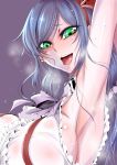  1girl armpits breasts earrings highres huge_breasts jewelry long_hair looking_at_viewer no_bra open_mouth original pov sangyou_haikibutsu_(turnamoonright) solo sweat 