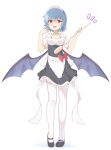  1girl absurdres alternate_costume apron bat_wings black_shoes blue_hair commentary_request duster emushake enmaided full_body highres looking_at_viewer maid maid_headdress mary_janes open_mouth red_eyes remilia_scarlet shoes short_hair simple_background smile solo standing thigh-highs touhou white_background white_legwear wings 
