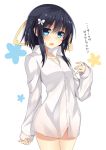  1girl black_hair blue_eyes blush bottomless bow butterfly_hair_ornament buttons d: dress_shirt hair_bow hair_ornament kuzuyu long_sleeves looking_at_viewer naked_shirt open_mouth original rivier_(kuzuyu) shirt short_hair solo translation_request white_shirt 