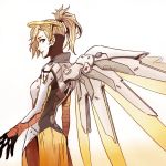  1girl black_gloves blonde_hair blue_eyes bodysuit bosong_beoseot breastplate breasts brown_legwear cowboy_shot eyelashes faulds from_side gloves gradient gradient_background hair_ornament hair_tie headgear high_ponytail loincloth long_sleeves looking_at_viewer mechanical_halo mechanical_wings mercy_(overwatch) overwatch pantyhose parted_lips pelvic_curtain pink_lips ponytail short_hair skin_tight smile solo spread_wings turtleneck wing_print wings yellow_wings 