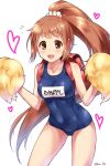  1girl :d backpack bag blush breasts brown_eyes brown_hair collarbone covered_navel flying_sweatdrops hair_ornament hair_scrunchie heart highres idolmaster idolmaster_cinderella_girls long_hair looking_at_viewer medium_breasts name_tag old_school_swimsuit open_mouth paopao pom_poms ponytail randoseru school_swimsuit scrunchie shiny shiny_skin smile solo swimsuit twitter_username very_long_hair wakabayashi_tomoka white_background 