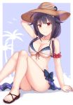  1girl armband bikini black_hair cai_geng hair_flaps hat highres kantai_collection long_hair low_twintails red_eyes sarong sitting smile sun_hat swimsuit taigei_(kantai_collection) twintails 