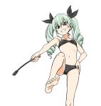  1girl anchovy barefoot blush breasts drill_hair feet girls_und_panzer green_hair grin hair_ribbon hand_on_hip highres hiroyuki leg_up long_hair looking_at_viewer navel ribbon riding_crop smile solo twin_drills twintails white_background 
