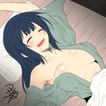  1girl :d ^_^ alternate_hairstyle armpits black_hair blush breasts cleavage closed_eyes collarbone colored drooling futon hair_down japanese_clothes kantai_collection long_hair lying open_mouth pillow signature sleeping smile solo souryuu_(kantai_collection) yua_(checkmate) 