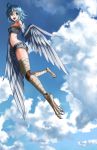  1girl absurdres ahoge asahida blue_hair blue_wings breasts clouds cloudy_sky feathered_wings flying harpy highres monster_girl monster_musume_no_iru_nichijou open_mouth papi_(monster_musume) short_hair sky smile solo wings yellow_eyes 