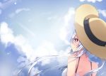  1girl blue_sky casual clouds cloudy_sky from_behind hat long_hair looking_afar matoi_(pso2) milkpanda phantasy_star phantasy_star_online_2 red_eyes sky solo spaghetti_strap straw_hat sunrise twintails white_hair wind 