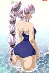  1girl ass bare_shoulders breasts dated dd_(ijigendd) green_eyes highres kantai_collection long_hair looking_at_viewer looking_back numbered parted_lips purple_hair solo swimsuit thighs wading yura_(kantai_collection) 