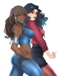  2girls armband asami_sato ass avatar_(series) bare_shoulders black_hair blue_eyes breasts brown_hair cowboy_shot dark_skin earrings eyeshadow formal glasses green_eyes hair_tubes hand_on_hip highres jewelry korra large_breasts light_smile lips lipstick long_hair looking_at_viewer makeup midriff multiple_girls parted_lips raised_eyebrow red_lipstick simple_background skirt smile smirk superboin the_legend_of_korra thigh-highs thighs white_background 