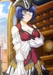  1girl bare_shoulders blue_hair breasts cleavage detached_sleeves eyepatch globe green_eyes ikkitousen large_breasts mole mole_under_mouth ryomou_shimei short_hair smile solo 