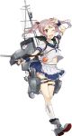  1girl ;d adapted_costume anchor apron arm_up badge blue_skirt drew_(drew213g) frilled_skirt frills gun hair_bobbles hair_ornament holding holding_gun holding_weapon kantai_collection kneehighs looking_at_viewer machinery navel official_art one_eye_closed open_mouth pet pink_eyes pink_hair puffy_short_sleeves puffy_sleeves rabbit sailor_collar sazanami_(kantai_collection) school_uniform serafuku short_hair short_sleeves skirt smile transparent_background turret twintails w waist_apron weapon white_legwear wrist_cuffs 