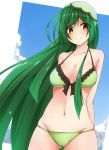  1girl ahoge alternate_costume bikini blue_sky blush breasts clouds green_bikini green_hair groin hair_ornament highres large_breasts long_hair looking_at_viewer navel sky smile solo swimsuit tokonone touhoku_zunko very_long_hair vocaloid voiceroid yellow_eyes 