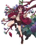  1girl ahoge anger_vein belt boots brown_hair coat gem hair_ornament highres open_mouth original shorts sjh solo staff sweatdrop tree violet_eyes witch 