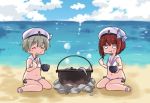  2girls :t beach bikini bowl brown_hair campfire clothes_writing cooking eating enemy_naval_mine_(kantai_collection) gin_(shioyude) hat kantai_collection kneeling multiple_girls o_o pot sailor_bikini sailor_collar shinkaisei-kan short_hair silver_hair swimsuit tentacles white_hat z1_leberecht_maass_(kantai_collection) z3_max_schultz_(kantai_collection) z3_max_schultz_(kantai_collection)_(cosplay) 