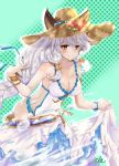  1girl absurdres animal_ears bare_shoulders braid breasts cat_ears cleavage covered_navel erun_(granblue_fantasy) flower granblue_fantasy hair_between_eyes hair_intakes hair_tubes hat hat_flower heles highres large_breasts leaning_forward long_hair looking_at_viewer one-piece_swimsuit ottey sarong silver_hair single_braid smile solo straw_hat sun_hat swimsuit very_long_hair yellow_eyes 