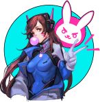  1girl bangs bodysuit breasts breasts_apart brown_eyes brown_hair bubble_blowing bubblegum bunny_print covered_navel d.va_(overwatch) eyelashes facepaint facial_mark gloves gum jacket long_hair long_sleeves looking_at_viewer medium_breasts overwatch pauldrons ribbed_bodysuit shoulder_pads signature skin_tight solo turtleneck upper_body very_long_hair w whisker_markings white_gloves 