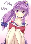  1girl aki_chimaki alternate_hairstyle annoyed bare_shoulders blue_bow blush book bow breasts cleavage collarbone commentary_request crescent crescent_hair_ornament dress hair_bow hair_ornament holding holding_book knees_together_feet_apart looking_away open_book parted_lips patchouli_knowledge ponytail purple_hair red_bow sidelocks solo star star_hair_ornament strap_slip striped sweat touhou vertical-striped_dress vertical_stripes violet_eyes 