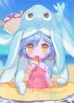  1girl alternate_costume alternate_hair_color alternate_hair_length alternate_hairstyle blue_hair blush breasts dakun eating food_on_clothes hat innertube league_of_legends looking_at_viewer lulu_(league_of_legends) one-piece_swimsuit pokemon pool_party_lulu popsicle puffer_fish purple_skin qwilfish short_hair solo swimsuit watermelon_bar yellow_eyes yordle 