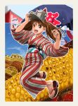  1girl :d abazu-red brown_eyes brown_hair commentary_request corn festival highres japanese_clothes kantai_collection kimono long_hair looking_at_viewer open_mouth ryuujou_(kantai_collection) shrine smile solo striped twintails vertical-striped_kimono vertical_stripes visor_cap yukata 