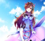  1girl ;d arm_at_side bangs blue_sky blush bodysuit boots bracer breasts breasts_apart brown_eyes brown_hair bunny_print clouds cloudy_sky contrapposto cowboy_shot d.va_(overwatch) eyebrows eyebrows_visible_through_hair facepaint facial_mark g_ieep gloves hand_up headphones heart long_hair long_sleeves mecha medium_breasts meka_(overwatch) one_eye_closed open_mouth overwatch pauldrons pilot_suit ribbed_bodysuit shoulder_pads skin_tight sky smile solo spoken_heart teeth thigh-highs thigh_boots thigh_gap thigh_strap turtleneck very_long_hair w whisker_markings white_boots white_gloves 