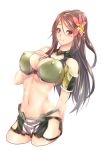  1girl amagi_(kantai_collection) arm_at_side bare_shoulders breasts brown_eyes brown_hair cleavage_cutout covered_nipples crop_top flower hair_between_eyes hair_flower hair_ornament hand_on_own_chest hip_vent kantai_collection large_breasts long_hair looking_at_viewer midriff mole mole_under_eye navel remodel_(kantai_collection) smile solo zucchini 