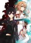  1boy 1girl asuna_(sao) black_eyes black_hair breastplate brown_eyes brown_hair detached_sleeves dual_wielding fingerless_gloves gloves jianmo_sl kirito long_hair short_hair sword sword_art_online thigh-highs weapon 