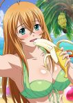  1girl aqua_eyes banana beach bikini breasts brown_hair cleavage collarbone fang food fruit green_bikini hair_between_eyes ikkitousen large_breasts long_hair looking_at_viewer open_mouth outdoors shiny shiny_skin sideboob solo sonsaku_hakufu swimsuit 