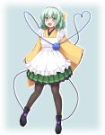  1girl :d adapted_costume alternate_costume apron black_boots black_legwear blush boots commentary_request enmaided eyeball full_body gomi_(gomitin) green_skirt heart heart-shaped_pupils heart_of_string japanese_clothes kimono komeiji_koishi long_sleeves looking_at_viewer maid maid_apron maid_headdress open_mouth pantyhose pleated_skirt skirt smile solo symbol-shaped_pupils third_eye touhou wide_sleeves yellow_kimono 