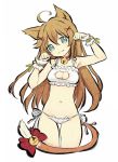  1girl :3 ahoge animal_ears ass_visible_through_thighs bell bell_collar bow breasts brown_hair cat_cutout cat_ears cat_lingerie cat_tail cleavage collar cowboy_shot cross_hair_ornament enokorogusa_(flower_knight_girl) fang flower_knight_girl green_eyes hair_ornament head_tilt highres long_hair midriff navel panties paw_pose side-tie_panties tail tail_bell tail_bow underwear ushi_(ushi22) white_background x_hair_ornament 
