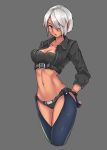  1girl angel_(kof) belt breasts chaps cleavage clyde_s cropped_jacket cropped_legs fingerless_gloves gloves grey_background hair_over_one_eye medium_breasts midriff navel short_hair short_shorts shorts silver_hair solo the_king_of_fighters 