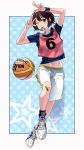  1girl arms_up ball bandaid bandaid_on_face bandaid_on_knee basketball basketball_uniform blush border brown_hair character_request clothes_writing copyright_request double_v full_body highres jorori looking_at_viewer mouth_hold navel number polka_dot polka_dot_background red_eyes shoes short_sleeves shorts sneakers solo sportswear stomach sweatband v white_border white_shoes white_shorts 