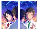  1boy 1girl black_hair blue_eyes crying fuji_fujino hair_ribbon highres kimi_no_na_wa miyamizu_mitsuha orange_eyes ribbon school_uniform short_hair sky tachibana_taki tears 