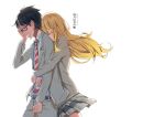  1boy 1girl 2016 arima_kousei belt black_hair blonde_hair closed_eyes copyright_name crying dated glasses grey_skirt hand_on_own_face highres hug hug_from_behind long_hair miyazono_kawori necktie pleated_skirt shigatsu_wa_kimi_no_uso short_hair simple_background skirt striped striped_necktie tears translation_request white_background 