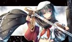  1girl blue_eyes blue_hair brown_gloves cape cutlass eyepatch gloves highres kantai_collection kiso_(kantai_collection) letterboxed remodel_(kantai_collection) school_uniform serafuku short_hair smile solo sword weapon yuihira_asu 