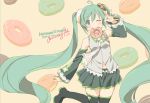  1girl ;) absurdly_long_hair ahoge aqua_eyes black_legwear detached_sleeves doughnut food green_hair hatsune_miku long_hair looking_at_viewer mouth_hold navel necktie one_eye_closed pleated_skirt skirt smile solo thigh-highs twintails ume_(plumblossom) very_long_hair vocaloid waving zettai_ryouiki 