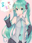  1girl dated detached_sleeves green_eyes green_hair hand_on_hip hatsune_miku highres long_hair maria_(maria0304) nail_polish necktie pink_background smile solo twintails v very_long_hair vocaloid 