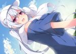  1girl :d blue_sky clouds cloudy_sky dutch_angle hat long_hair looking_at_viewer matoi_(pso2) milkpanda open_mouth phantasy_star phantasy_star_online_2 ponytail red_eyes shirt sky smile solo t-shirt towel towel_around_neck white_hair 