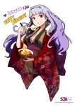 absurdres artist_name breasts character_name chopsticks cleavage eating food food_on_face hairband happy_birthday highres idolmaster japanese_clothes kimono long_hair looking_at_viewer noodles obi ramen sash shijou_takane silver_hair sjh violet_eyes wide_sleeves 
