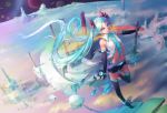  1girl above_clouds aqua_eyes aqua_hair black_boots black_shorts boots breasts bridal_gauntlets clouds floating_island floating_rock galaxy hatsune_miku highres navel open_mouth planet shirt shooting_star short_shorts shorts skinny sleeveless sleeveless_shirt small_breasts solo space thigh-highs thigh_boots ttc twintails vocaloid waist walking wind 