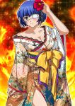  1girl blue_hair breasts cleavage closed_eyes collarbone flower green_eyes hair_flower hair_ornament ikkitousen japanese_clothes jpeg_artifacts kimono medical_eyepatch medium_breasts mole mole_under_mouth red_flower ryomou_shimei shiny shiny_skin short_hair smile solo yukata 
