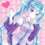  1girl absurdres aqua_hair blue_eyes detached_sleeves hatsune_miku heart highres long_hair nail_polish necktie red_string saya7 skirt solo string striped striped_background twintails very_long_hair vocaloid 