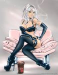  1girl bra breasts chair choker cleavage cross crossed_legs green_eyes hand_on_hip platform_footwear platform_heels silver_hair smoke smoking solo taiss14 thigh-highs underwear 