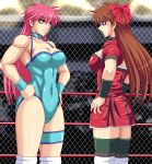  2girls breasts brown_hair cleavage collar dress hair_ribbon highres leotard long_hair mighty_yukiko multiple_girls mutou_megumi pink_hair ribbon taroimo_(00120014) very_long_hair violet_eyes wrestle_angels wrestle_angels_survivor wrestling_outfit wrestling_ring wristband 