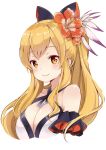  1girl bare_shoulders blonde_hair blush bow breasts cleavage flower granblue_fantasy hair_bow hair_flower hair_ornament hilo_(joy_hero) long_hair looking_at_viewer simple_background smile solo upper_body vira white_background yellow_eyes 