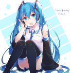  1girl absurdres aqua_eyes blue_hair character_name detached_sleeves happy_birthday hatsune_miku headset highres kaneko_aaru long_hair looking_at_viewer necktie open_mouth sitting skirt solo thigh-highs twintails very_long_hair vocaloid 
