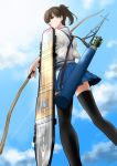  1girl arrow black_legwear blue_hakama blue_sky bow_(weapon) brown_eyes brown_hair clouds cloudy_sky flight_deck from_below hakama_skirt holding holding_weapon japanese_clothes kaga_(kantai_collection) kantai_collection long_hair looking_to_the_side short_hair short_ponytail side_ponytail sky solo tasuki thigh-highs tora_aki weapon zettai_ryouiki 