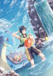  1boy alternate_color artist_name black_eyes black_hair blue_sky clouds fishing_rod food jigglypuff lapras magikarp male_protagonist_(pokemon_sm) outdoors poke_ball pokemon pokemon_(creature) pokemon_(game) pokemon_sm rowlet shiny_pokemon shorts shuryukan sky water waterfall 