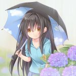  1girl brown_eyes creek_(moon-sky) flower hood hoodie hydrangea long_hair original rain shirt skirt smile snail solo umbrella very_long_hair youjo_(creek_(moon-sky)) 